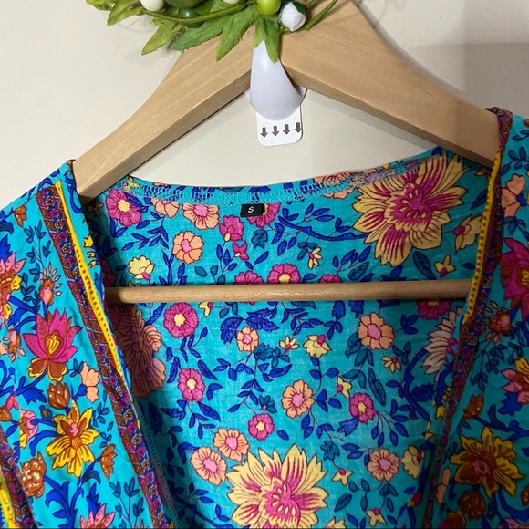 BOHO BEACH HUT GREEN BOHO FLORAL PRINT MINI DRESS SIZE SMALL - Picture 7 of 9